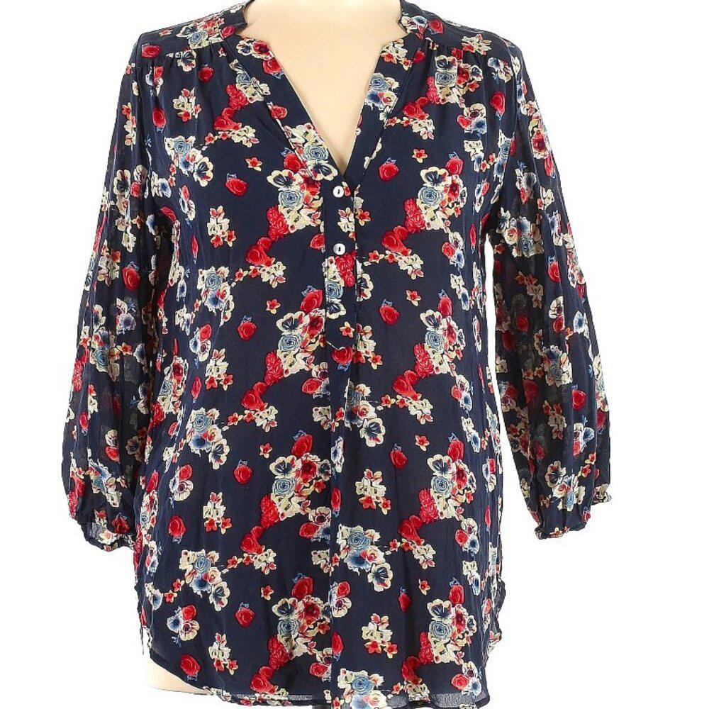 Amour Vert Silk Floral Tunic Top  Navy Blue floral print, black Size: L